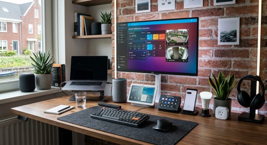 smart home device · tech gadget desk setup · modern home automation